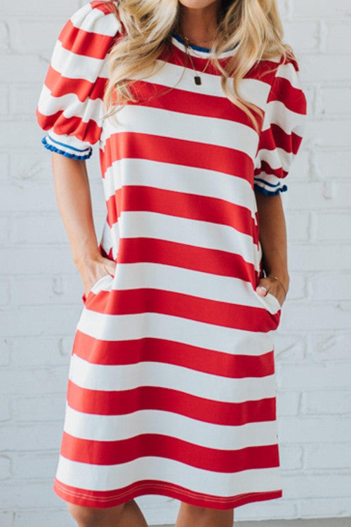 Red and White Sleeve Striped Mini Dress- with blue ruffles