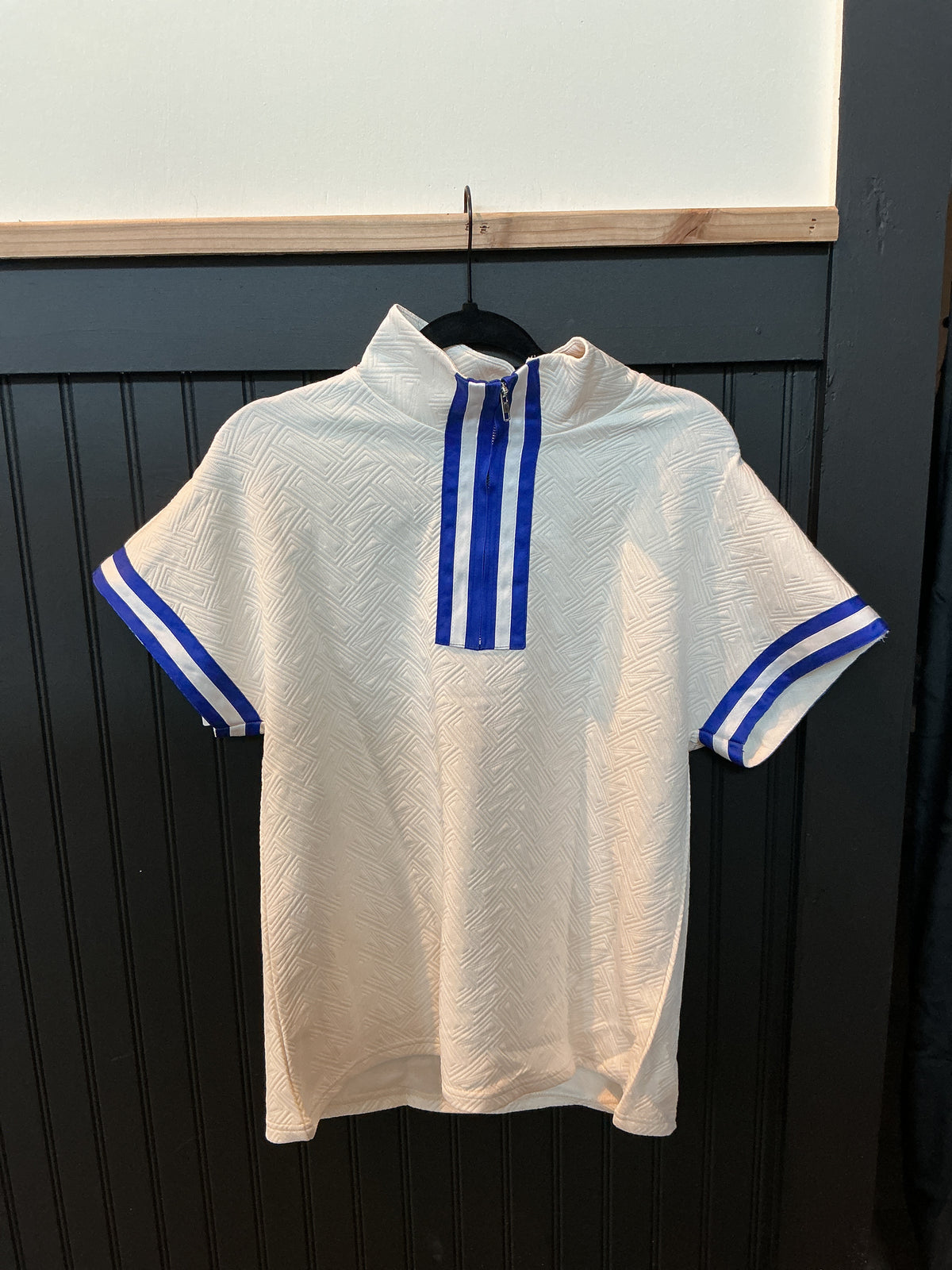 Cream Blue Striped Zipper Collared Top