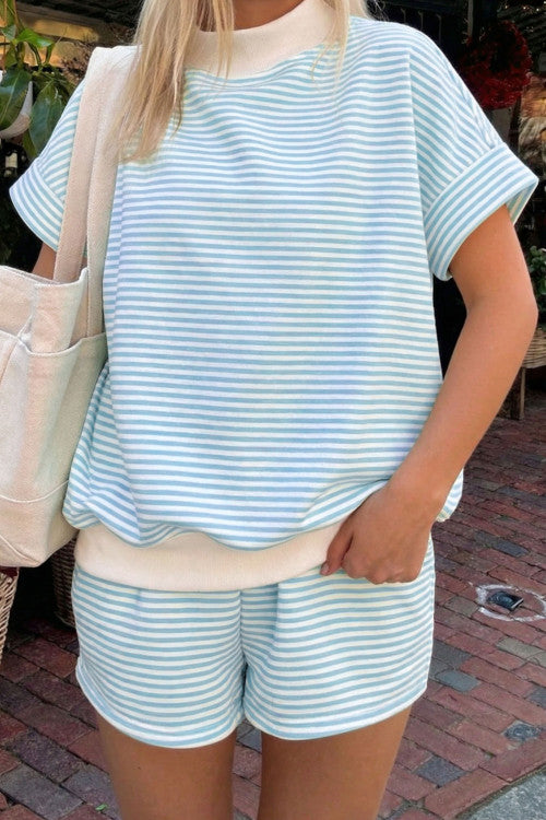 Mock Neck Striped Tee/ Short Set