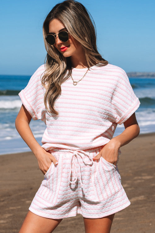 Striped Knitted Short Sleeve Top and Drawstring Short Set