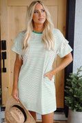 Green Stripe Ruffled Short Sleeve Crew Neck T Shirt Mini Dress