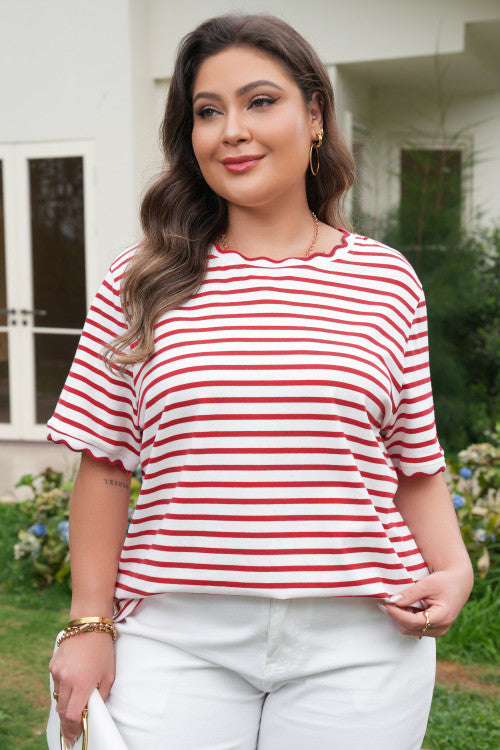 Red and White Swirl Neck Top with scalloped sleeves