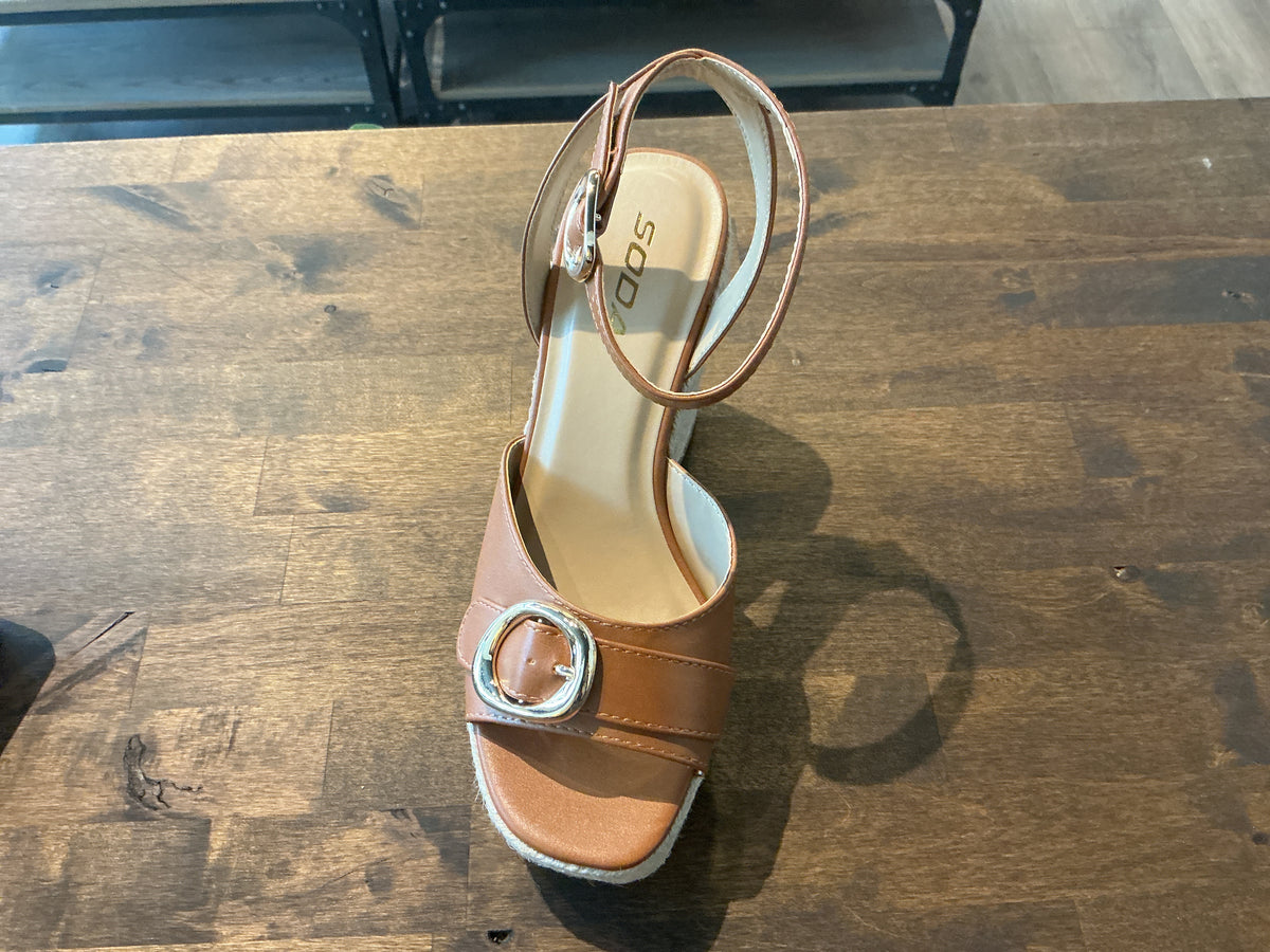Soda Women's Hest-S Tan Open Toe Ankle Strap Platform Wedge with Gold Buckle