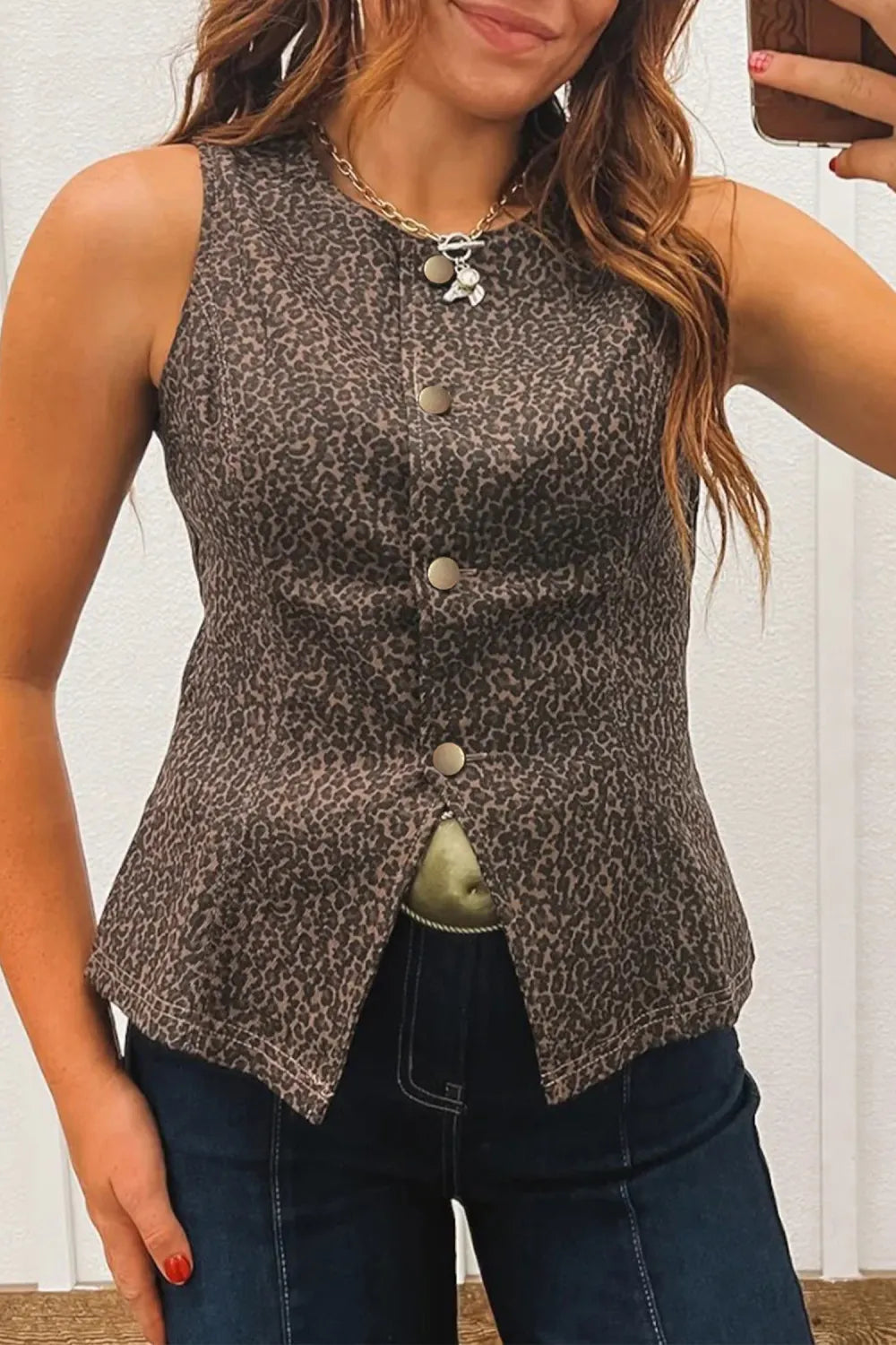 Brown Leopard Slim Denim Vest