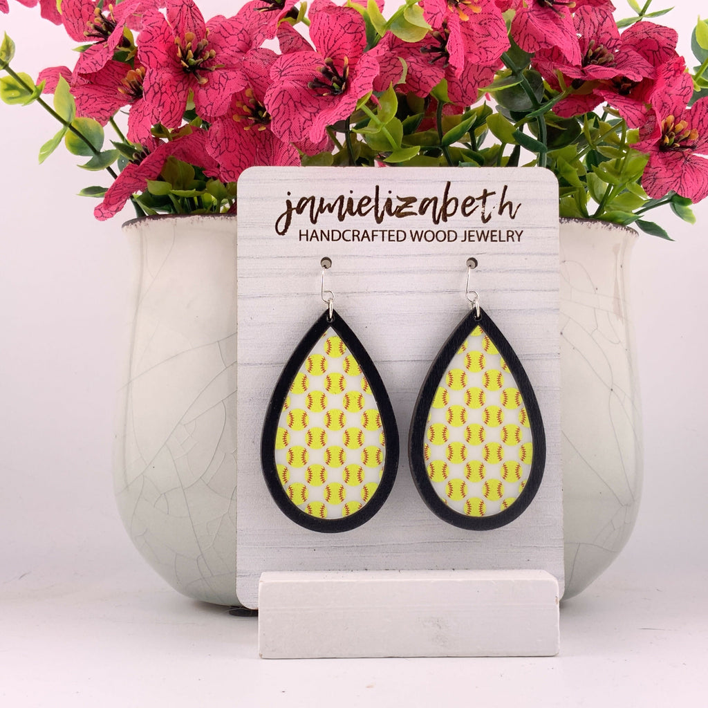 Softball Teardrop Earrings Black Wood