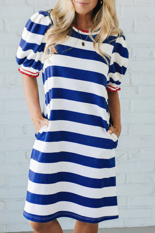 Blue and white Sleeve Striped Mini Dress- with orange ruffles