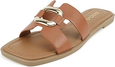 Soda “FENG” ~ Women Square Toe H-Band Slip-On Fashion Slide Sandal with Gold Buckle Detail