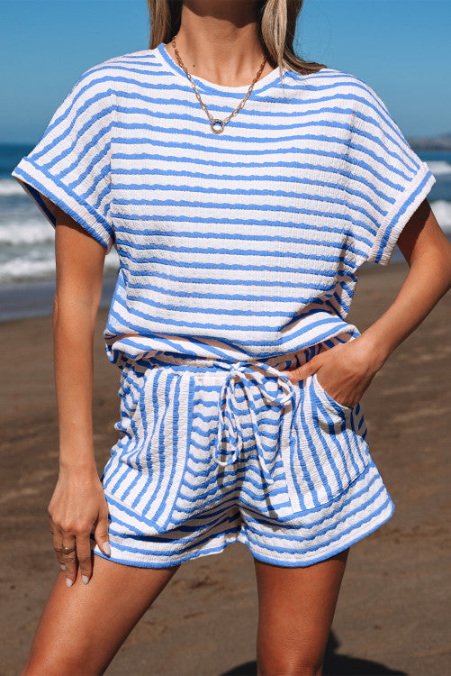 Striped Knitted Short Sleeve Top and Drawstring Short Set
