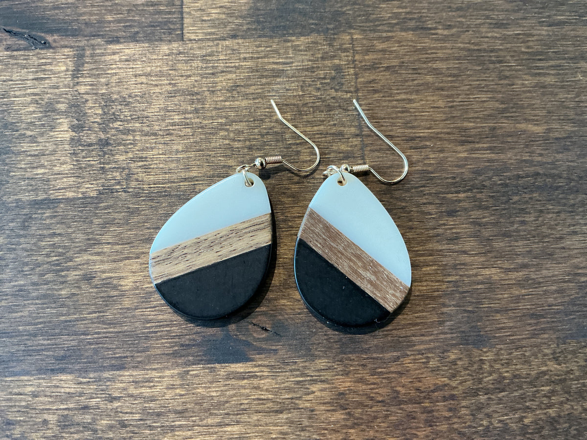 Wood Black and Ivory Teardrop Earrings