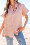 Light pink metallic short sleeve buttoned front blouse