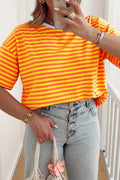 Orange and yellow striped Crew neck Drop Shoulder Loose Tee