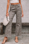 Brown Leopard Frayed Edge Wide Leg High Waist Jeans