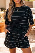 Stripe Short Set with Draw String Short-Tee Shirt Material
