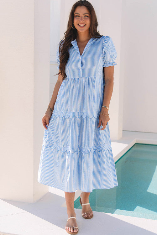 Blue/White Stripe Tiered Scallop Long Dress