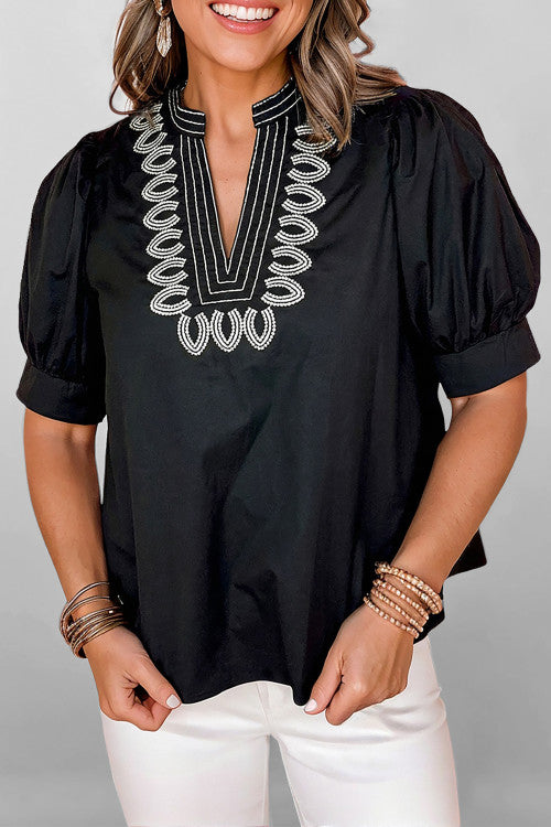 Black Embroidered  V Neck Blouse
