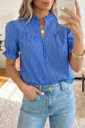 Blue and white stripe puff sleeve