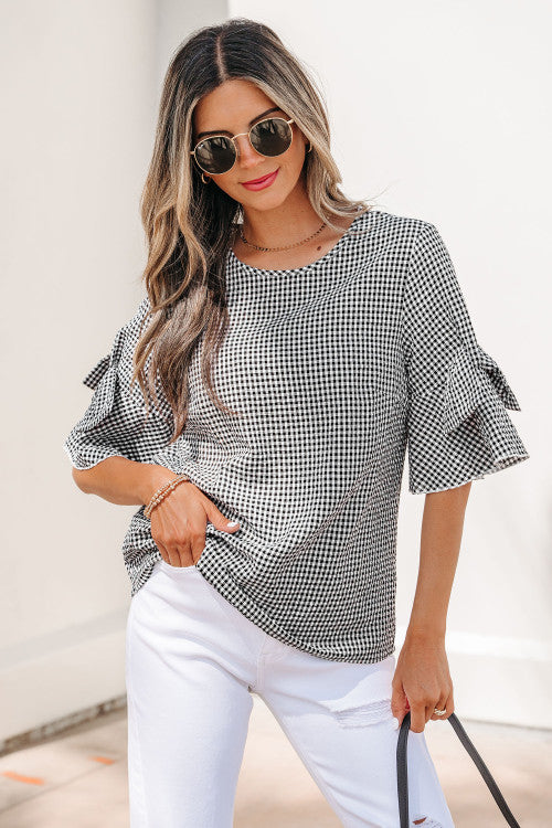 Black and White Plaid Shirt with Bow Sleeve