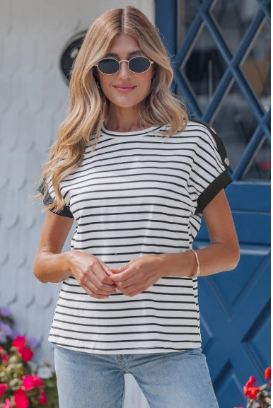 White with black stripes cuffed sleeve with silver button detail