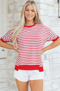 Red/White/Pink Stripe Drop Shoulder Half Sleeve T-shirt