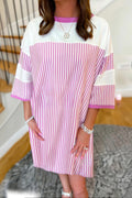 Purple Striped Patchwork Three Quarters Sleeve Loose Mini Dress