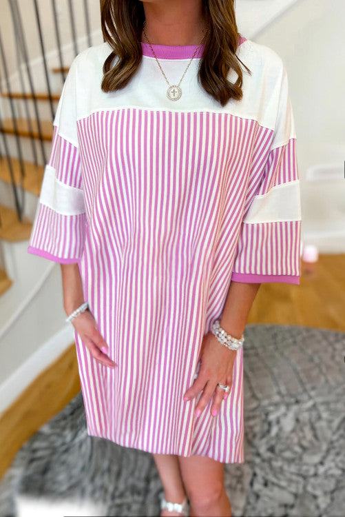 Purple Striped Patchwork Three Quarters Sleeve Loose Mini Dress