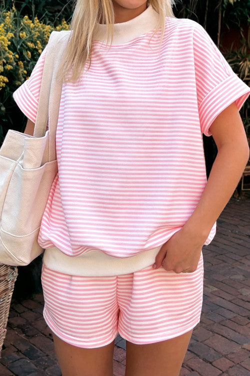 Mock Neck Striped Tee/ Short Set