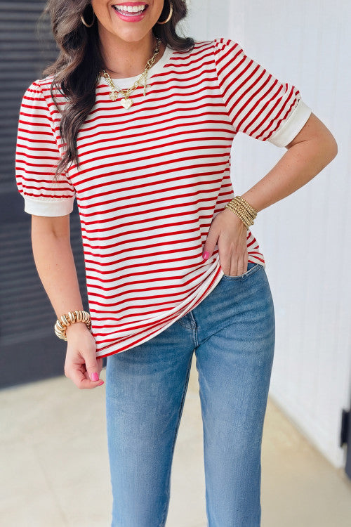 Red and White Puff Sleeve Top
