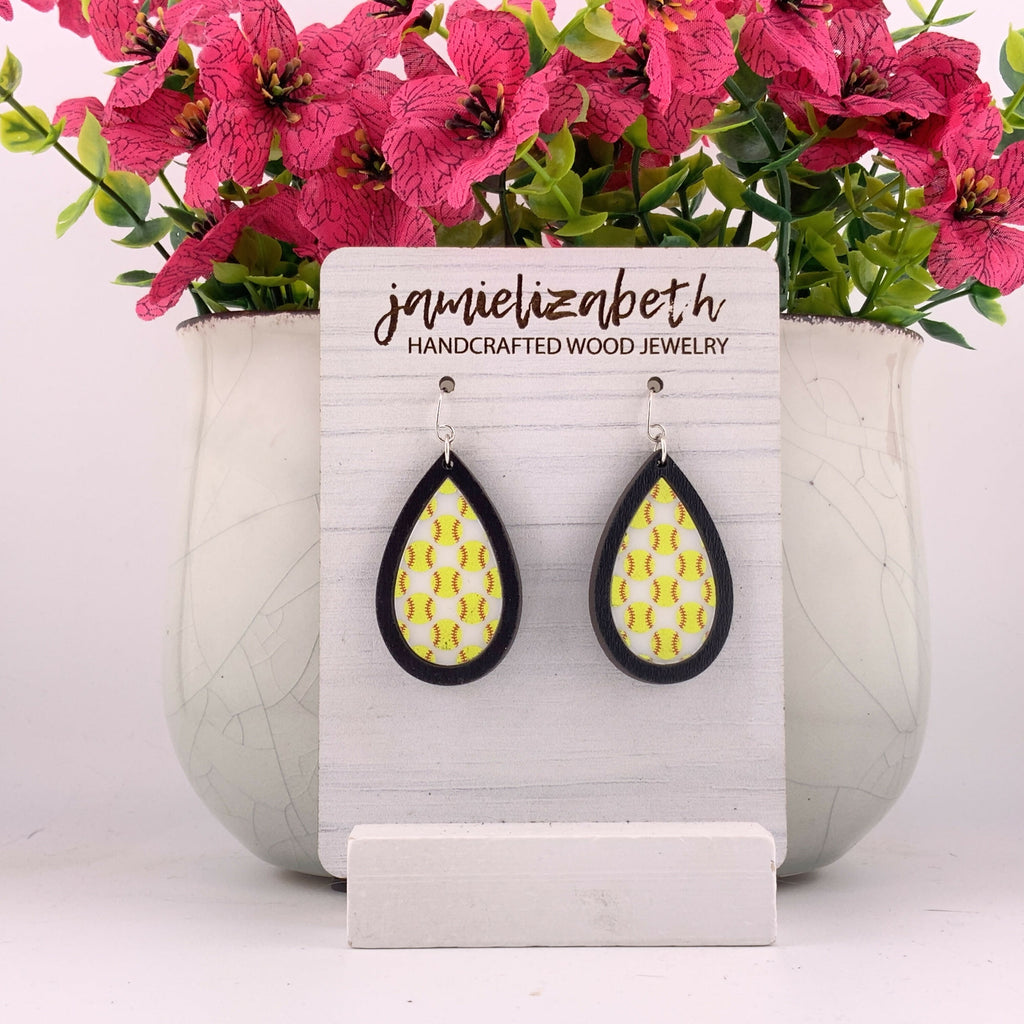Softball Teardrop Earrings Black Wood